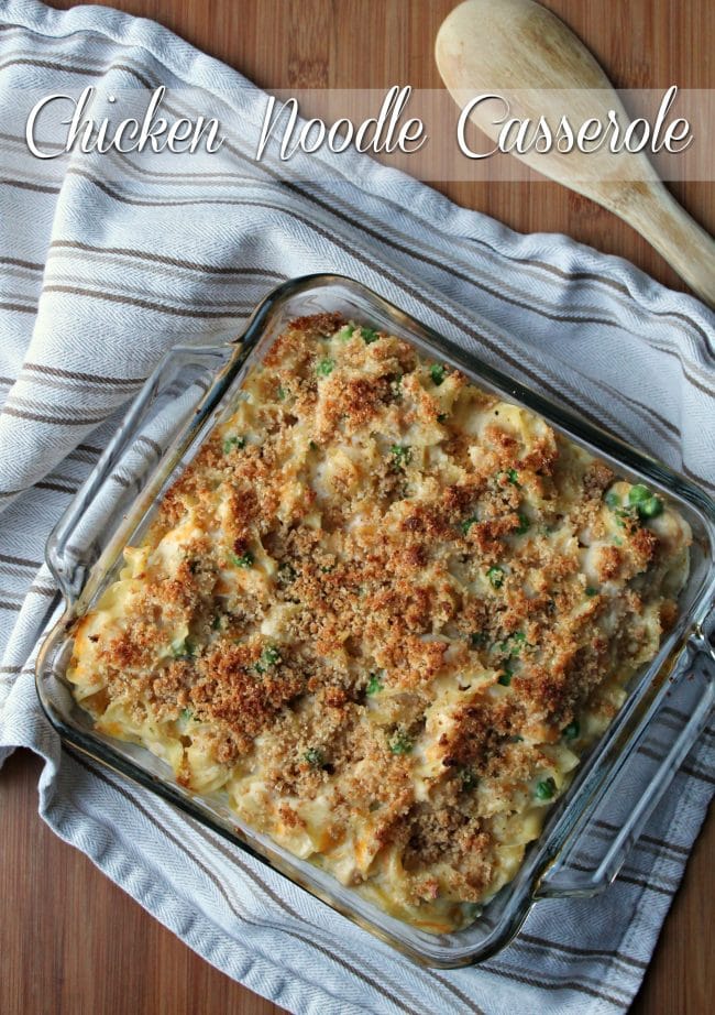 chicken noodle casserole in pan cooked