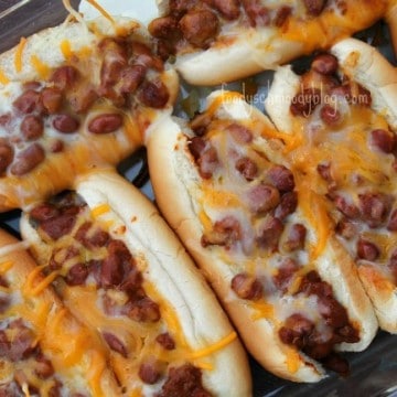 chili dogs in baking pan cooked