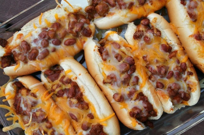 chili dogs in baking pan cooked