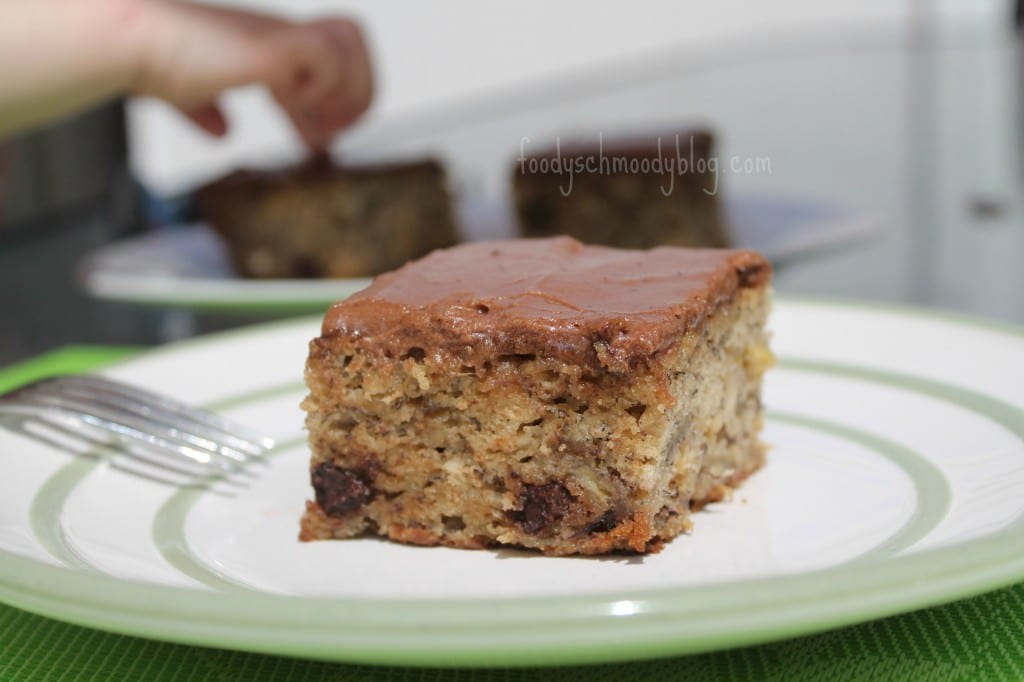 banana bread cake with browned butter chocolate frosting