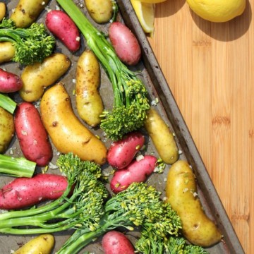 lemon broccolini, chicken and potato bowl