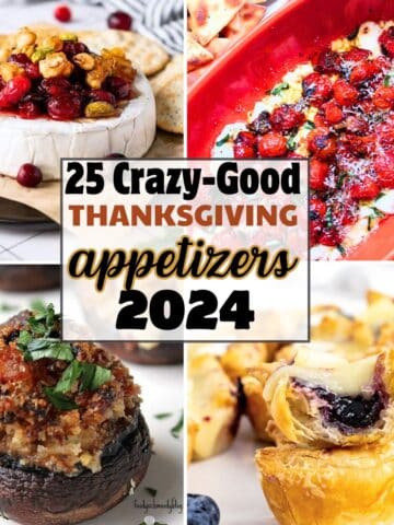 A collage of 4 Thanksgiving appetizers with text overlay stating "25 Crazy Good Thanksgiving Appetizers of 2024"