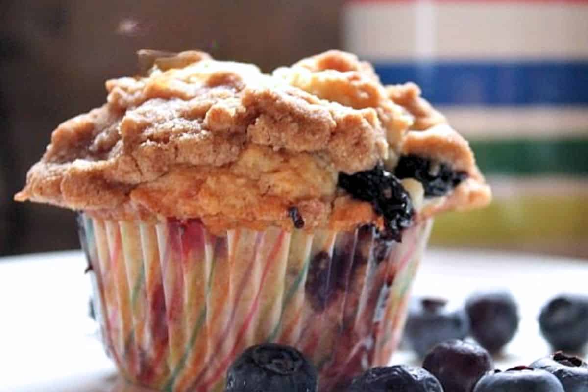 close up of one single prepared muffin. There are loose blueberries on the white plate at the base of the muffin.