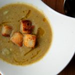 Cauliflower Asparagus Soup in bowl with croutons