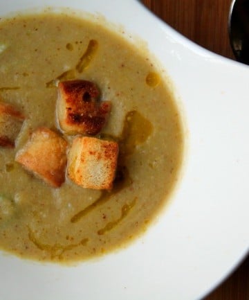 Cauliflower Asparagus Soup in bowl with croutons