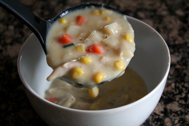 creamy chicken soup in a ladle
