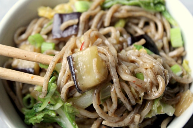 spicy eggplant soba noodles in bowl