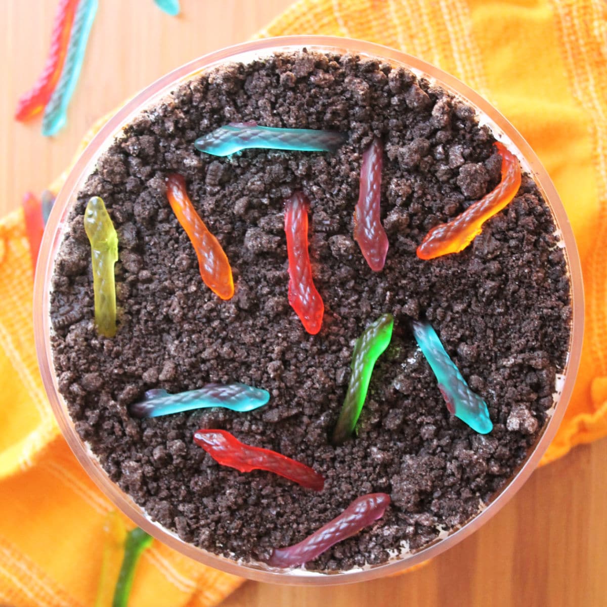 aerial view of dirt cake with gummy worms all over
