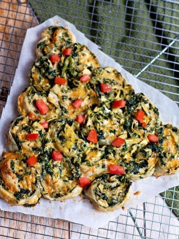 baked spinach dip christmas tree on cooling rack