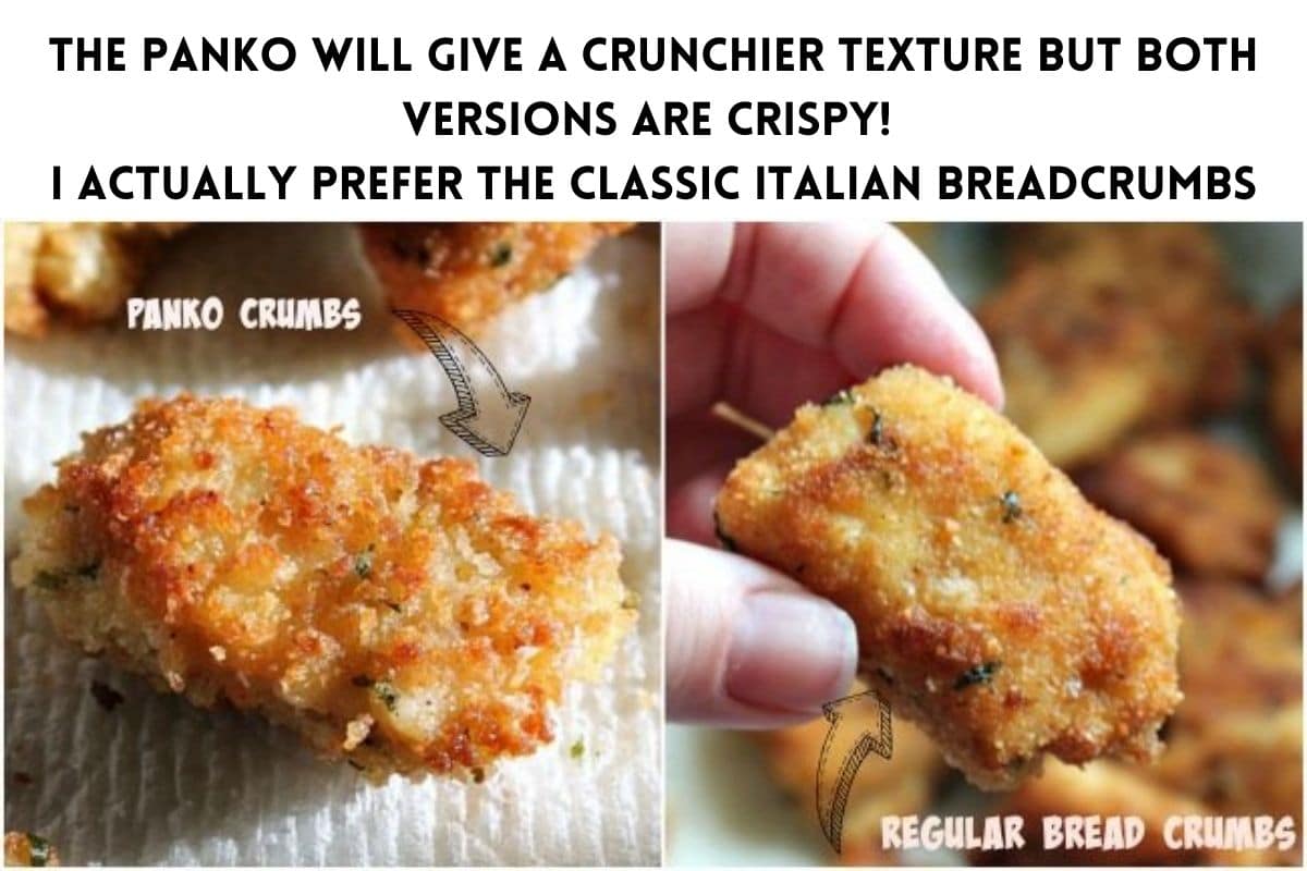 side by side photos of a cooked chicken nugget. One is made with panko and the other with Italian breadcrumbs.