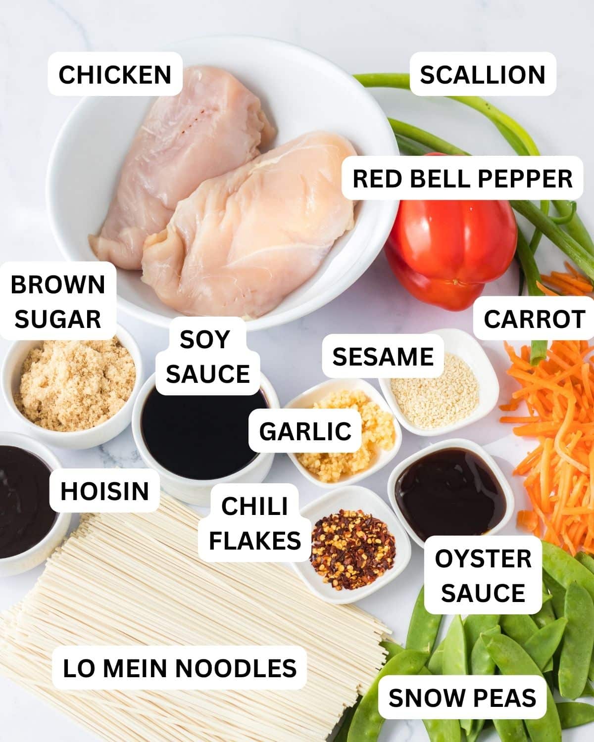 Ingredients for lo mein recipe spread out and in white prep bowls. All ingredients are labeled with text overlay.