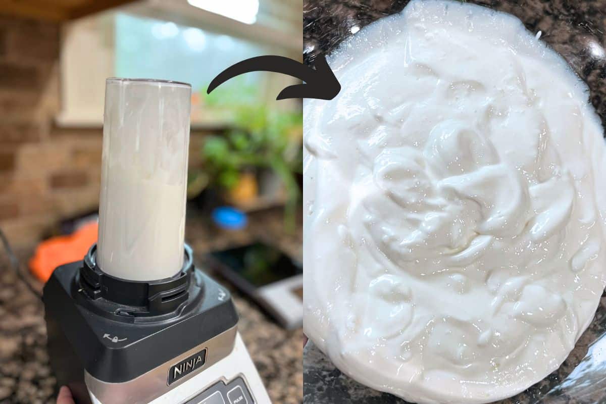 Side by side pictures, on the left is a blender which is processing cottage cheese. On the right is a close up of the blended cottage cheese.