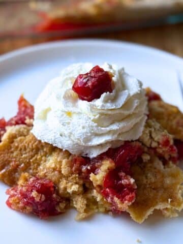 A serving of the completed recipe on a white dish. The dump cake is topped with a big swirl of whipped cream and topped with a cherry.