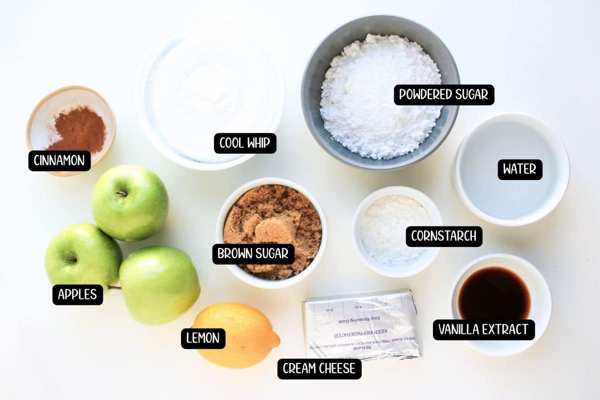 All the ingredients needed to prepare recipe. The fruit is loose and all other ingredients are in white ramekins.