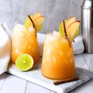 Two glasses of the finished mocktails. Both glasses are garnished with apple slices and a cinnamon stick. The glasses are on a gray slate.