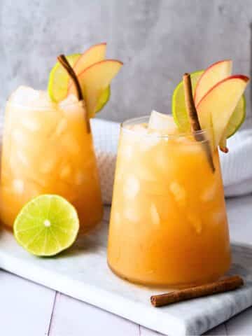 Two glasses of the finished mocktails. Both glasses are garnished with apple slices and a cinnamon stick. The glasses are on a gray slate.