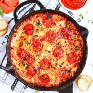 Overhead view of prepared pepperoni dip.