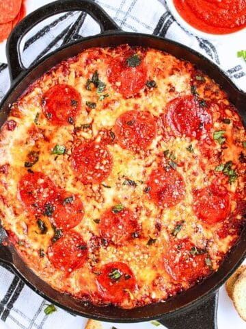 Overhead view of prepared pepperoni dip.